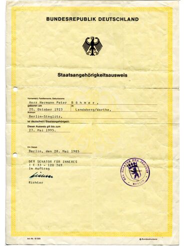 Staatsangehörigkeits-Ausweis von Peter Böhmer
